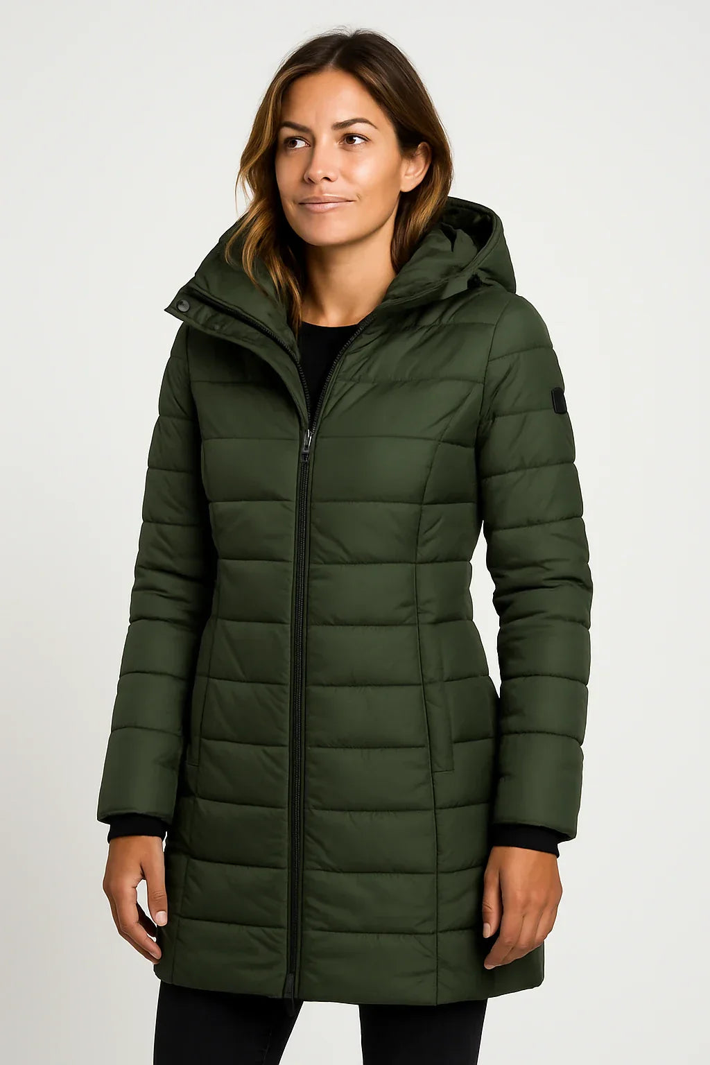 Women’s Quilted Puffer Hooded Coat – Mid-Length Style