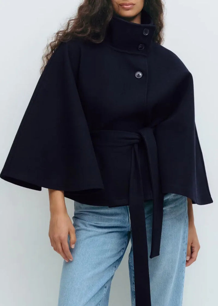 Women’s Short Cape Coat – Funnel Neck, Belted Waist, Cape Sleeves