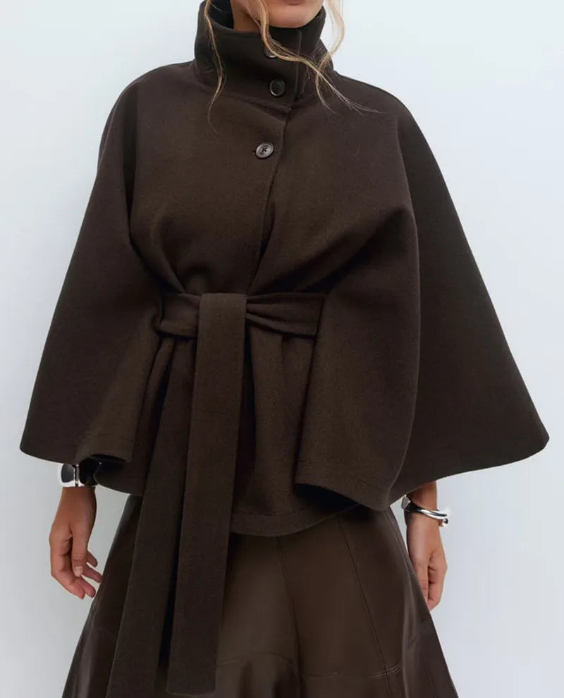 Women’s Short Cape Coat – Funnel Neck, Belted Waist, Cape Sleeves