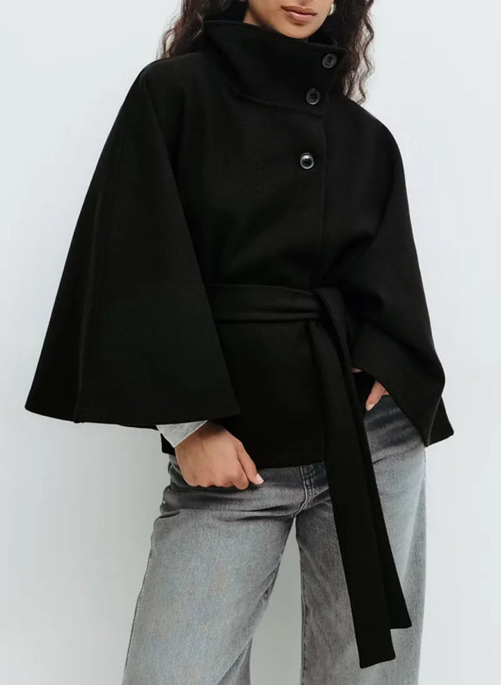 Women’s Short Cape Coat – Funnel Neck, Belted Waist, Cape Sleeves