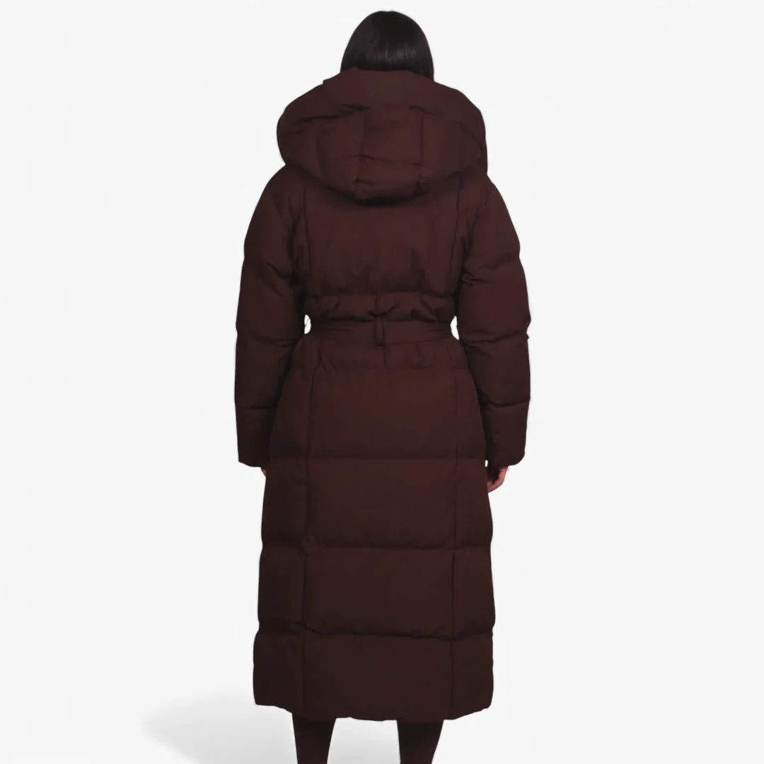 Women's Longline Puffer Jacket with Adjustable Waist and Water-Resistant Shell