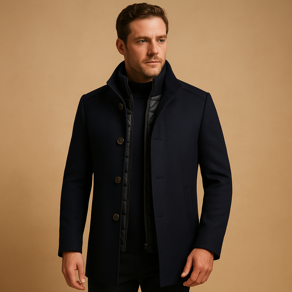Men’s Wool Overcoat with High Collar – Formal and Warm