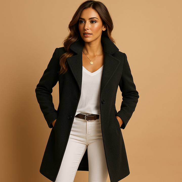 Elegant Women’s Long Coat with Buttons – Tailored Ladies Overcoat