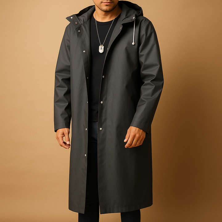 Men's Long Waterproof Raincoat with Hood - Lined Outdoor Jacket
