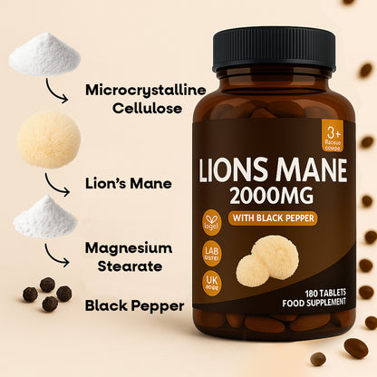 Lions Mane Mushroom 2000mg – 180 High Strength Tablets