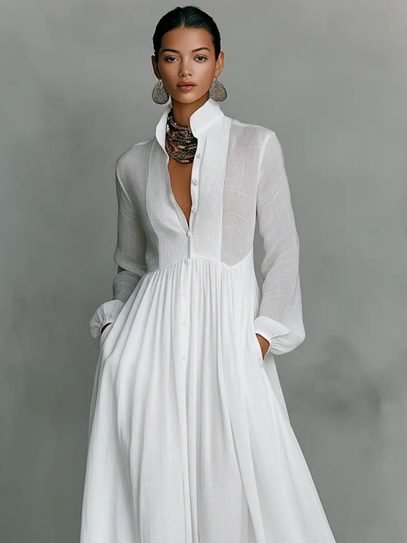 Aria | Maxi Dress Stand-Up Collar Cotton Linen Blend