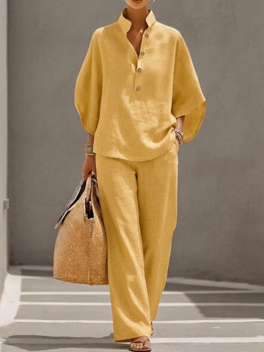 Elvira | Cotton Linen Batwing Sleeve Wide Leg Set