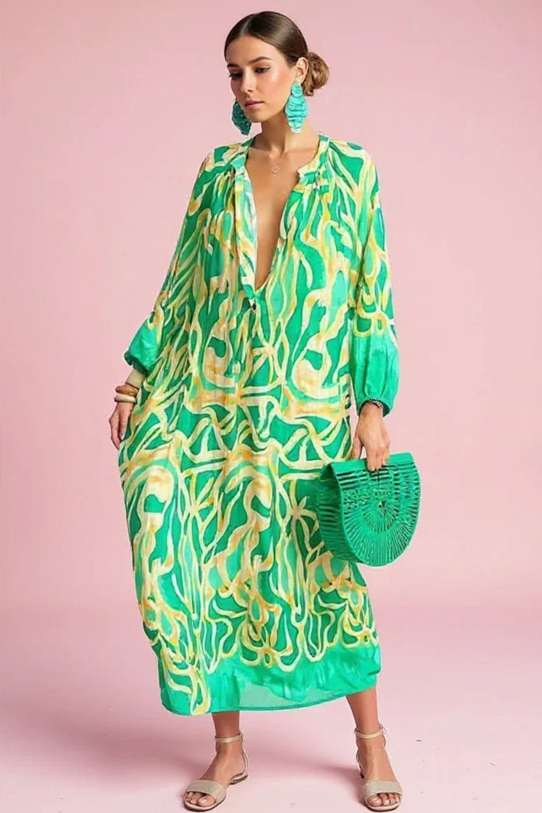Ivy | Women's Abstract Print V-Neck Relaxed-Fit Kaftan Maxi Dress