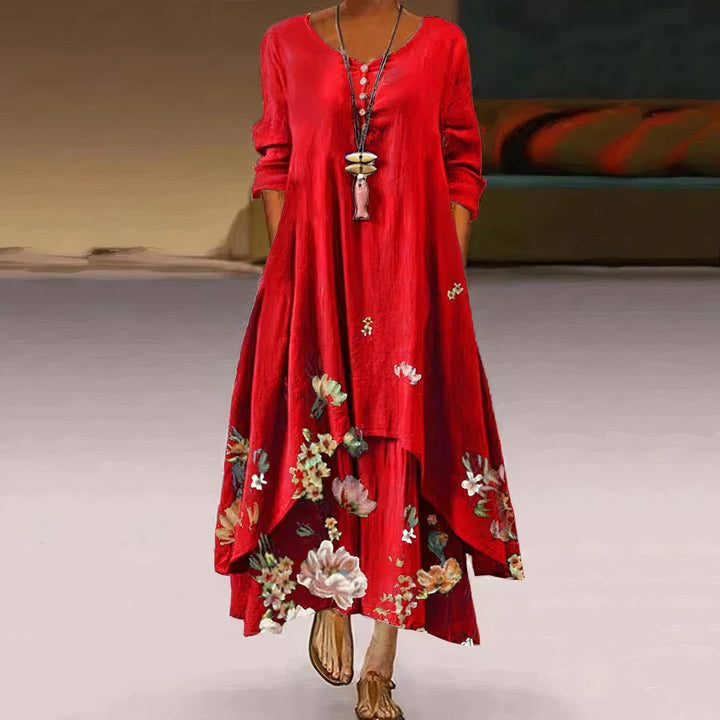 Sophie | Women's Floral Print Long-Sleeve Loose A-Line Maxi Dress