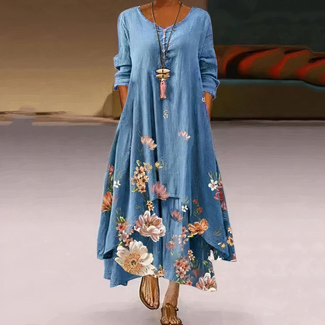 Sophie | Women's Floral Print Long-Sleeve Loose A-Line Maxi Dress