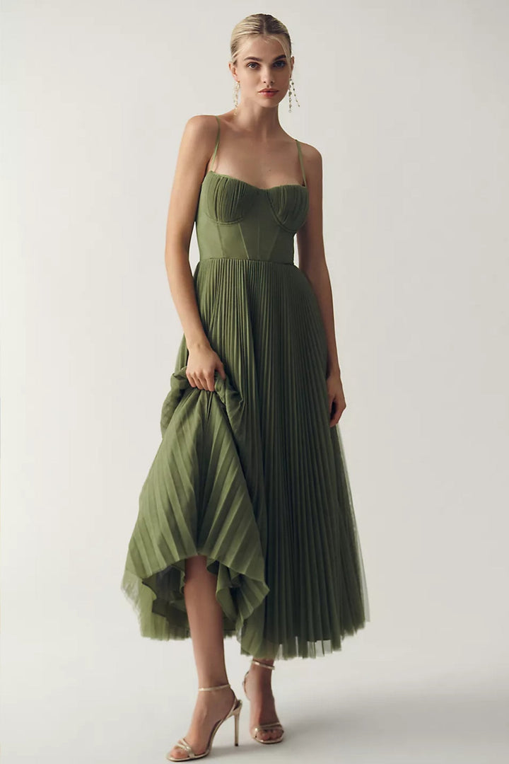 Olivia | Women's Sweetheart Corset Pleated Tulle Midi Dress