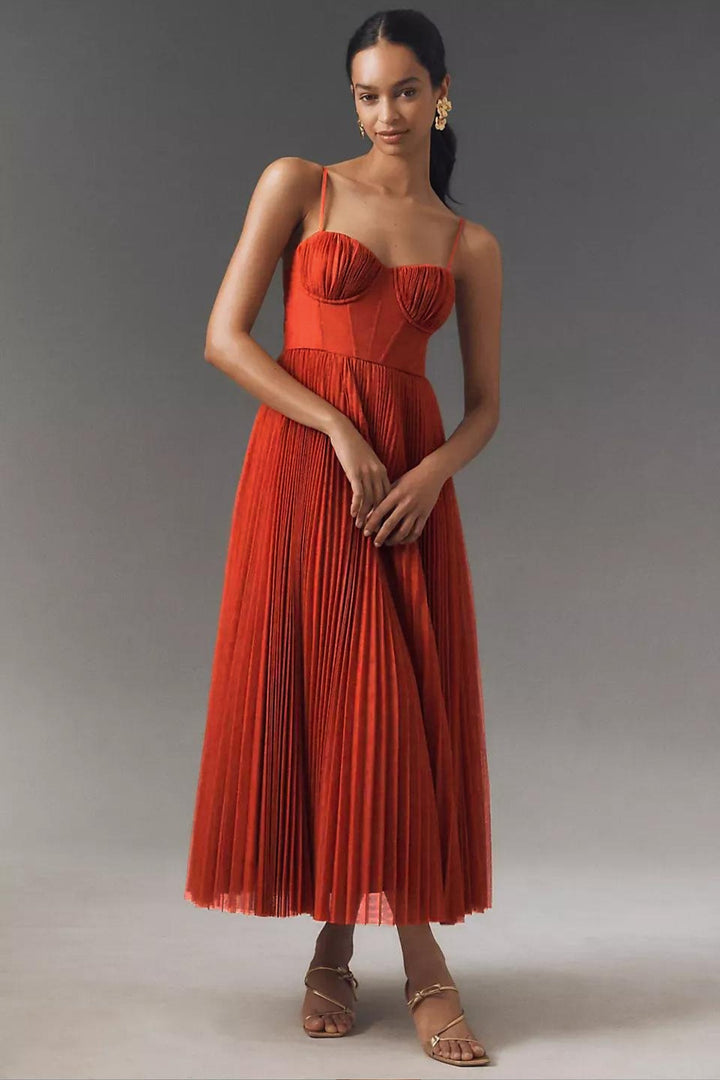 Olivia | Women's Sweetheart Corset Pleated Tulle Midi Dress