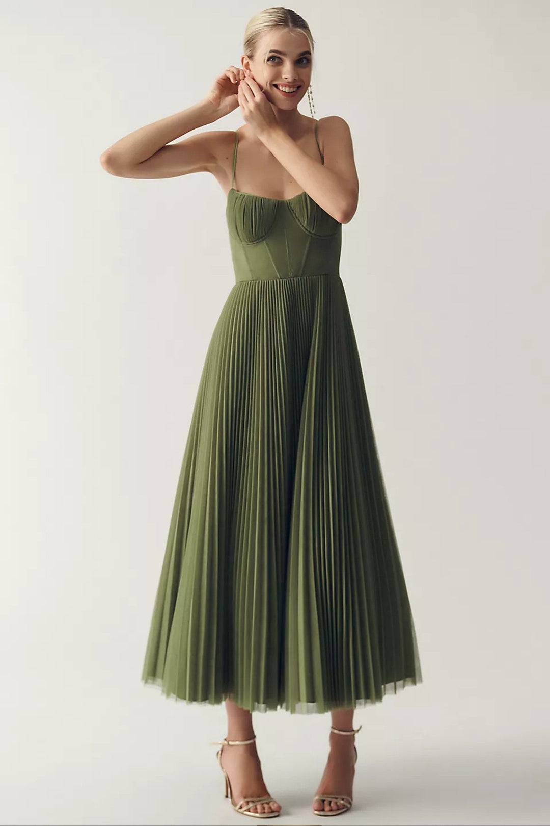 Olivia | Women's Sweetheart Corset Pleated Tulle Midi Dress