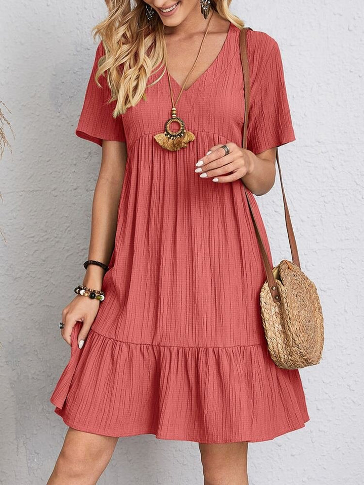 Ava | Women's V-Neck Short-Sleeve Tiered Babydoll Swing Dress