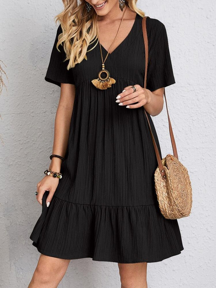 Ava | Women's V-Neck Short-Sleeve Tiered Babydoll Swing Dress