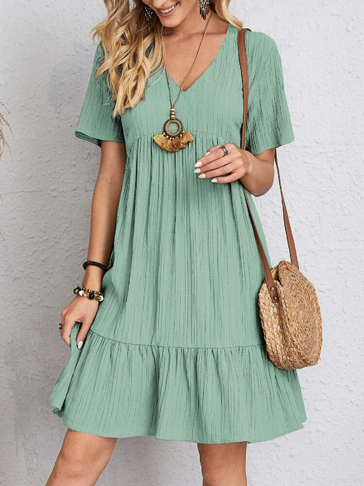Ava | Women's V-Neck Short-Sleeve Tiered Babydoll Swing Dress