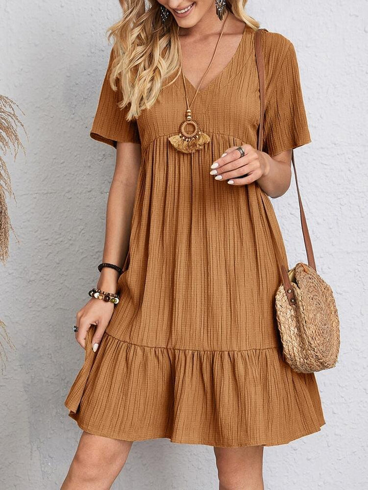 Ava | Women's V-Neck Short-Sleeve Tiered Babydoll Swing Dress